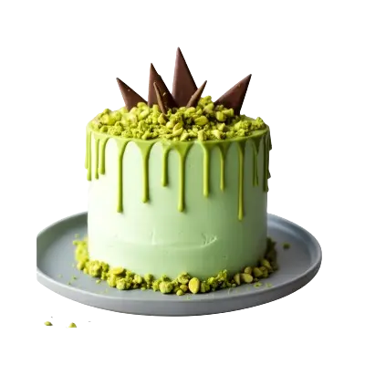 "A round light green pistachio cake with a green drip effect, topped with crushed pistachios and dark chocolate shards."