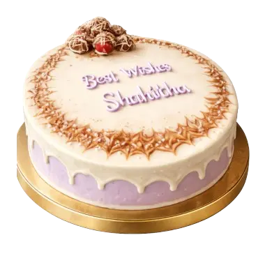 A round celebration cake with white and purple frosting, featuring a white drip effect, a decorative caramel-colored border, chocolate truffles on top, and the text "Best Wishes Shahitha" written in purple icing.