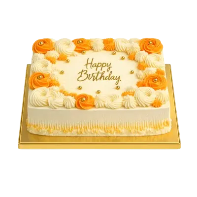 A rectangular sheet birthday cake with smooth off-white frosting on a gold base. The top border is decorated with a mix of vibrant orange and white piped rosettes, stars, and gold pearls, with "Happy Birthday" written neatly in gold-colored script in the center.