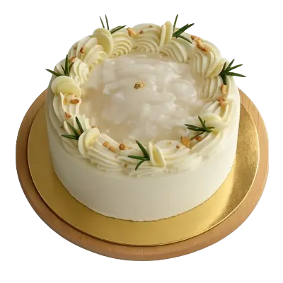 A round white frosted cake featuring a glossy, translucent lychee or coconut jelly top layer. The border is decorated with piped white cream swirls, small sprigs of fresh rosemary, crushed nuts, and a delicate touch of edible gold leaf in the center.