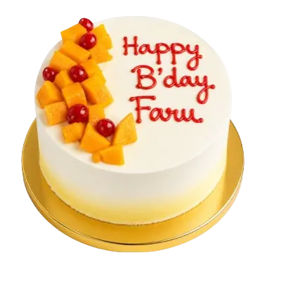 A round white birthday cake with a soft yellow ombre base on a gold stand. The left side of the top is decorated with fresh cubed mango pieces and whole red cherries, while the right side features the message "Happy B'day Faru" written in red icing script.