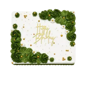 A square white sheet cake decorated with olive green piped frosting rosettes, small white daisy accents, gold pearls, and a gold 'Happy Birthday' topper."