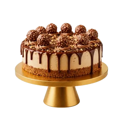 A round chocolate hazelnut cheesecake with a thick graham cracker crust, a dark chocolate drip, and a ring of Ferrero Rocher truffles on top."