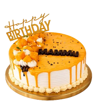 White frosted cake with mango drip glaze, fresh mango pieces, chocolate lettering for Mammu, and a gold Happy Birthday topper.