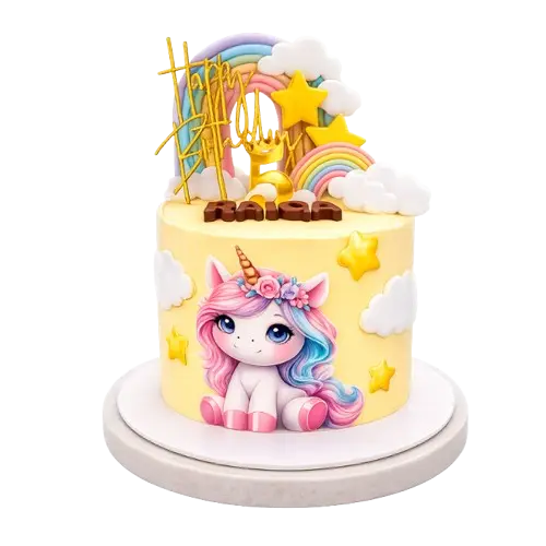 Customized unicorn birthday cake with rainbow and star decorations by Fudgy Bites in Kunnamkulam.